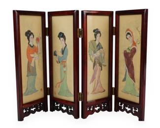 A Vintage Chinese Hand-Painted Four-Panel Folding Table Screen