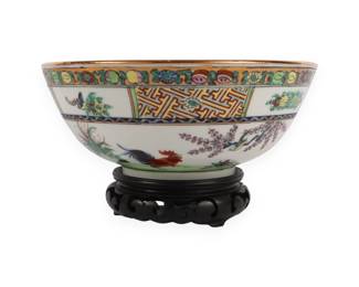Chinese Export Style Rose Medallion Polychrome Porcelain Bowl, Decorated in Hong Kong, with Wood Stand