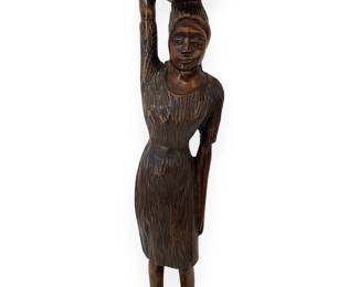 A Vintage African Tribal Carved Wood Figure of a Woman with a Basket