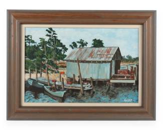A Framed Oil or Acrylic Painting of a Waterside Shanty, Signed Lyons