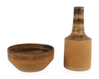A Pair of Ravnild Denmark Mid-Century Modern Stoneware Vase and Bowl