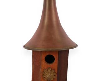 A Decorative Wooden and Copper Conical Roof Birdhouse