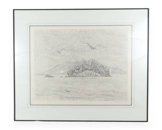 A Contemporary Stylized Island Landscape Drawing, Signed 'Horde'