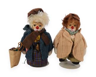 A Pair of Vintage-Style Porcelain Hobo Clown Dolls, Made in Thailand