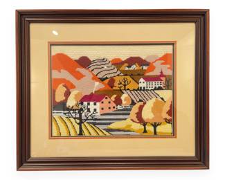 Vintage Mid-Century Hand-Stitched Needlepoint Farm Landscape, Framed