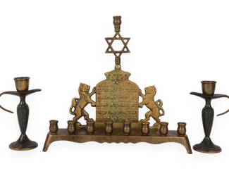 A Vintage Brass or Bronze Judaica Hanukkah Menorah (Hanukkiah) and Pair of Shabbat Candlesticks with Lions of Judah and Tablets of the Law