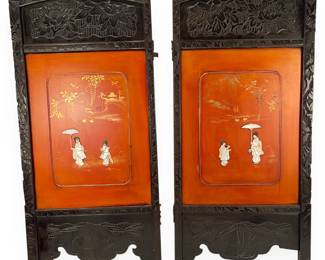 A Pair of East Asian Carved Wood, Lacquer, and Mother-of-Pearl Inlaid Table Screens