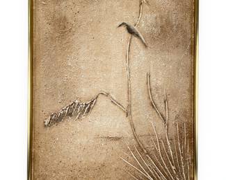 "Sand Sculptures" Mixed-Media Relief by Charles Spura, depicting a bird on a branch
