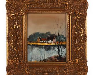 A Naive Landscape Oil on Canvas, Signed 'F. Reus' (or similar), in a Giltwood Rococo-Style Frame