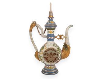 Chinese Cloisonné Enamel Ewer with Carved Stone 'Double Happiness' Insert