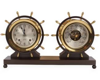 A Chelsea Claremont Ship's Bell Clock and Barometer Desk Set