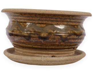 A John Glick Stoneware Glazed Ceramic Garden Planter with Saucer, Plum Tree Pottery