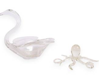 A Pair of Clear Glass Figural Sculptures, including a Duncan & Miller Swan Dish