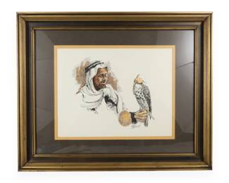 John Brown, Illustrative Ink and Wash of a Bearded Man with Falcon