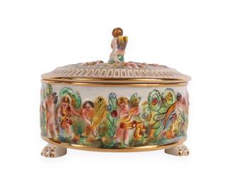 Capodimonte Porcelain Footed Covered Box with Putti Decoration, Italy