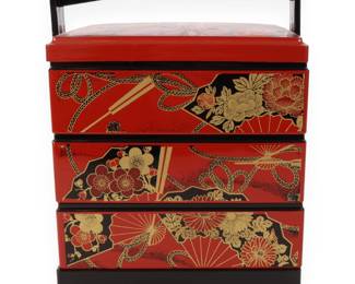 Japanese Red Lacquer Three-Tier Jubako Bento Box with Handle