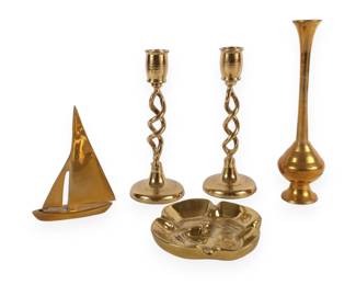 A Group of Brass Decorative Items, including a Pair of Twisted Candlesticks