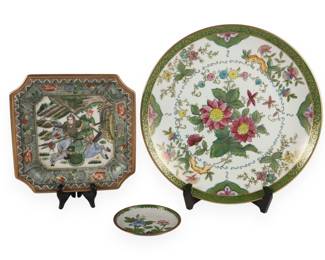 A Group of Three East Asian Decorative Plates, including an LJ Japan Famille Rose Style Porcelain Plate, a Chinese Figural Plate, and a Cloisonné Dish