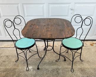 Vintage Wrought Iron and Wood Ice Cream Chairs and Table