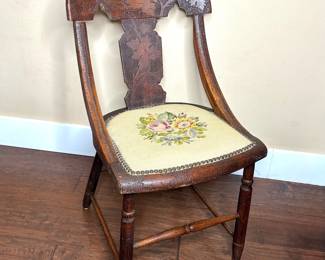 Antique Hand Carved Chair with Needlepoint Cushion