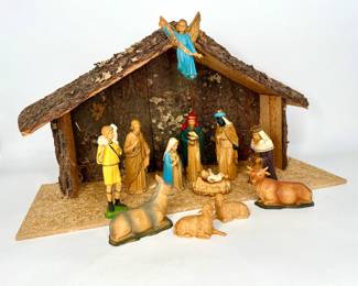 Vintage Nativity Scene With Handmade Stable