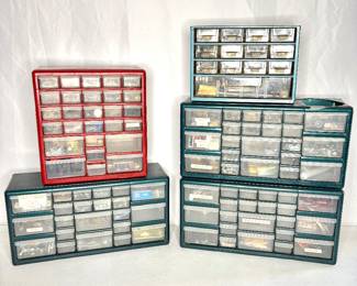 Lot of 5 Storage Organizer Bins Full of Hardware, Screws, Nuts, Bolts, Nails