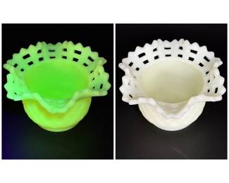 Vintage Fenton Uranium Glass Satin Custard Basketweave Bowl