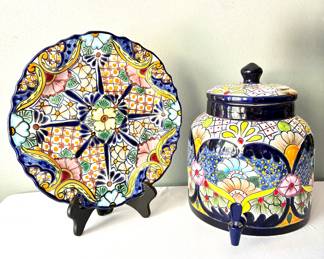 2 Piece Mexican Talavera Pottery Set - Platter and Water Crock with Spigot