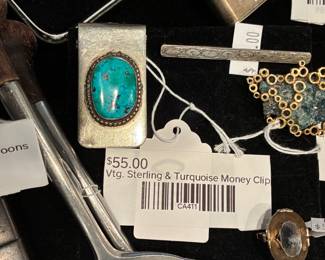 Vtg Sterling & Turquoise Money Clip 