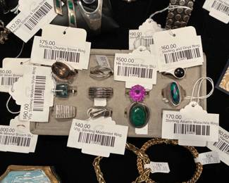 Sterling Chunky Stone Ring, Vtg Sterling Modern Style Ring, 18k Mineral Brooch (BL), Vtg Sterling Modernist Ring, 14k Statement Ring (BL) Sterling and Onyx Ring, Sterling Azurite Malachite Ring 