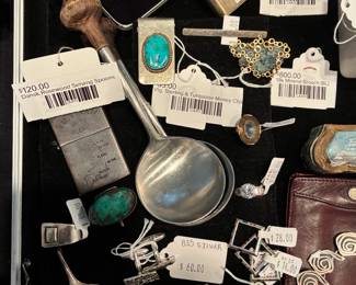 Dansk Rosewood Serving Spoons, Vtg Sterling & Turquoise Money Clip, 18k Mineral Brooch (BL)