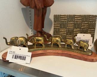 Brass Elephants on Curved Wood, Brass Bamboo Trinket Box 