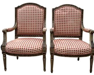 Pair of painted French XVI style armchairs with pattern velvet upholstery, sold 2x the money