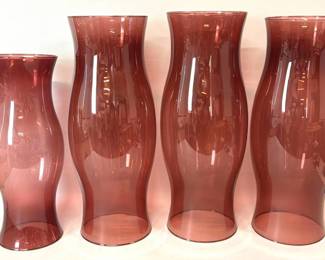 4 Williamsburg style amethyst colored hand blown glass hurricanes