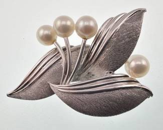 Mikimoto pearl sterling leaf pin