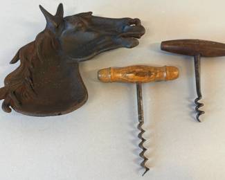 Pair of vintage wood handle corkscrews, iron horse head dish