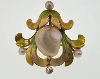 14kt Art Nouveau enamel, pearl, and diamond pin/pendant