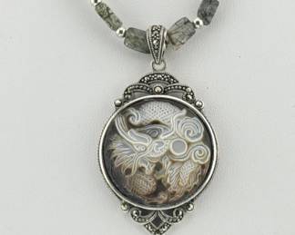 Sterling rutilated quartz beads and mother of pearl dragon pendant necklace