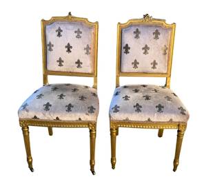 Pair of velvet fleur de lys gilt side chairs, sold 2x the money