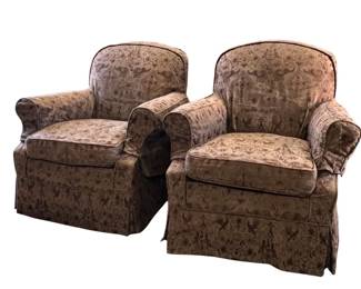 Pair of slipcovered embroidered brown suede club chairs; sold 2x the money