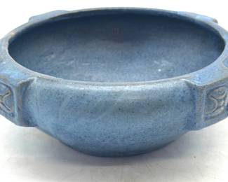 Arts and Crafts style blue glaze pottery bowl