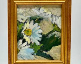 Signed acrylic still life with bouquet of white daisies signed Audrey Watson