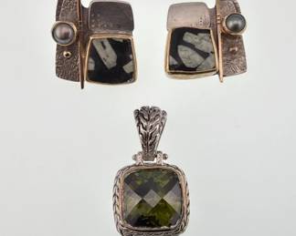 Sterling pendant, 14kt and sterling as is earrings