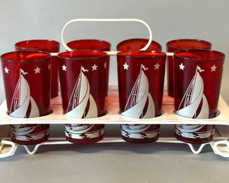 Set of 8 vintage Hazel Atlas ruby red sportsman glasses