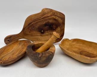 Olive wood bowls, mortar, pestle, board