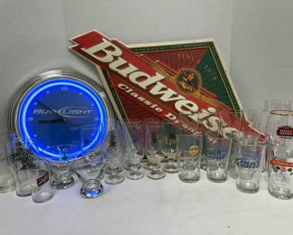 AnheuserBusch BudLight Clock and Metal Sign, Assorted Beer Glasses