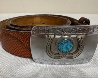 Mens Genuine Lizard Belt and Double Horseshoe Buckle