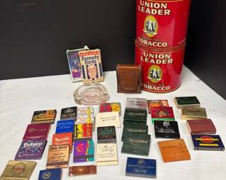 Vintage Smoking Tobacco Tins, Matchbooks, Cards, Ashtray, Cig Holder