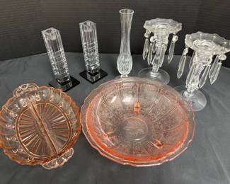 Orrefors Crystal Candlesticks, Pink Depression Glass, Glass Candlesticks with Bobeche Prisms