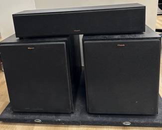 Klipsch Dual Subwoofers And Center Speaker 2 Auralex SubDudeHT Subwoofer Isolation Platform
